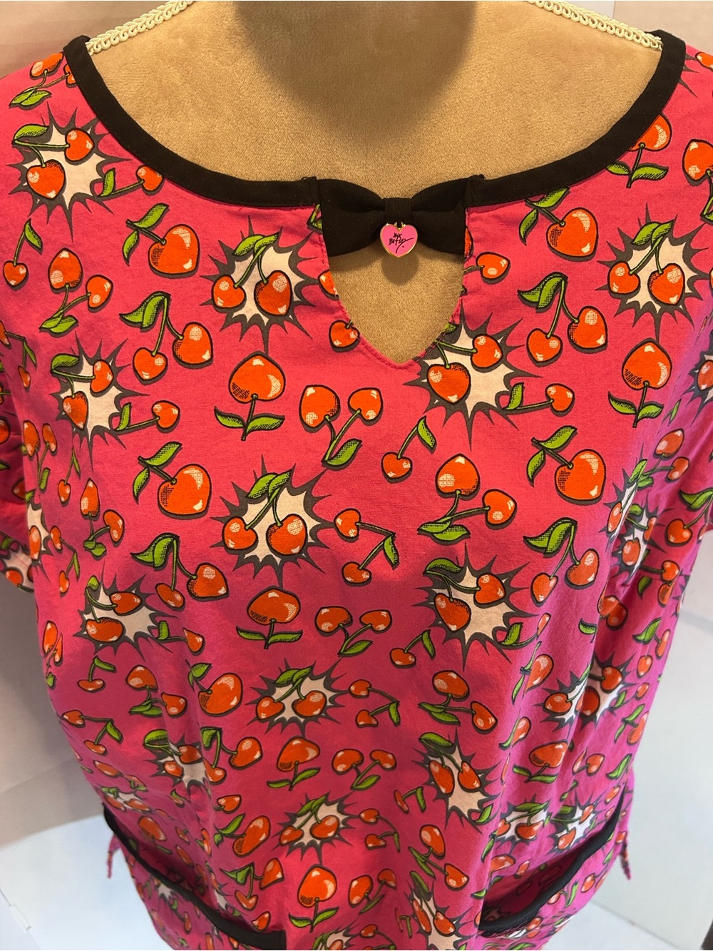Pink Cherry Print ScrubTop with Black Trim